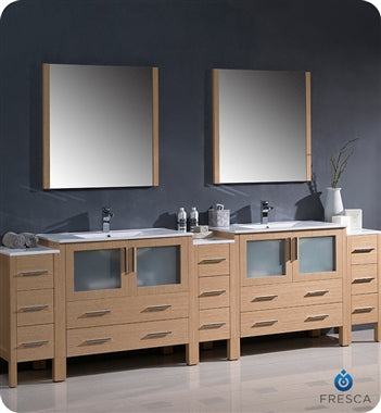 Fresca Torino 108" Light Oak Modern Double Sink Bathroom Vanity w/ 3 Side Cabinets & Integrated Sinks