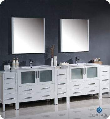 Fresca Torino 108" White Modern Double Sink Bathroom Vanity w/ 3 Side Cabinets & Integrated Sinks