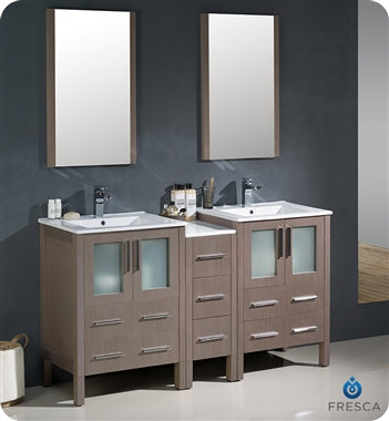 Fresca Torino 60" Gray Oak Modern Double Sink Bathroom Vanity w/ Side Cabinet & Integrated Sinks