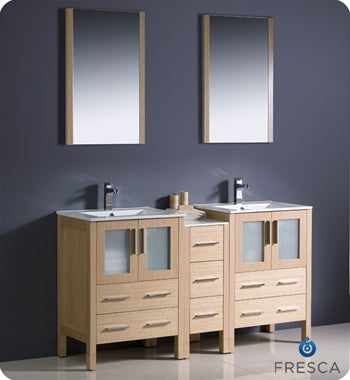 Fresca Torino 60" Light Oak Modern Double Sink Bathroom Vanity w/ Side Cabinet & Integrated Sinks