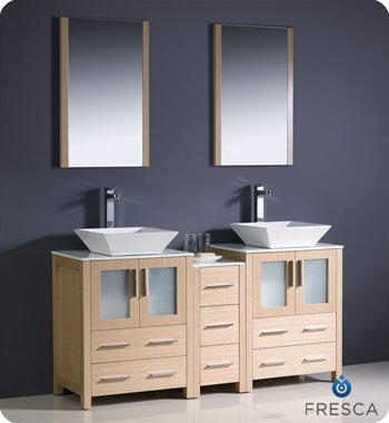 Fresca Torino 60" Light Oak Modern Double Sink Bathroom Vanity w/ Side Cabinet & Vessel Sinks