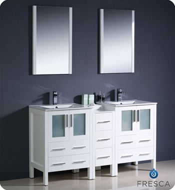 Fresca Torino 60" White Modern Double Sink Bathroom Vanity w/ Side Cabinet & Integrated Sinks