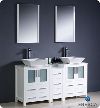 Fresca Torino 60" White Modern Double Sink Bathroom Vanity w/ Side Cabinet & Vessel Sinks