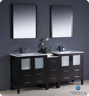 Fresca Torino 72" Espresso Modern Double Sink Bathroom Vanity w/ Side Cabinet & Integrated Sinks