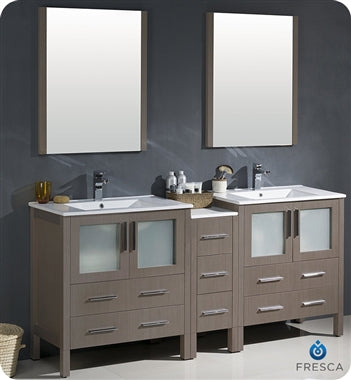 Fresca Torino 72" Gray Oak Modern Double Sink Bathroom Vanity w/ Side Cabinet & Integrated Sinks