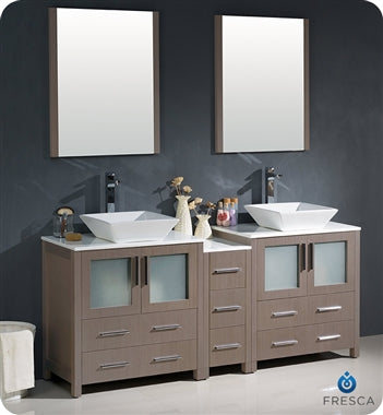 Fresca Torino 72" Gray Oak Modern Double Sink Bathroom Vanity w/ Side Cabinet & Vessel Sinks