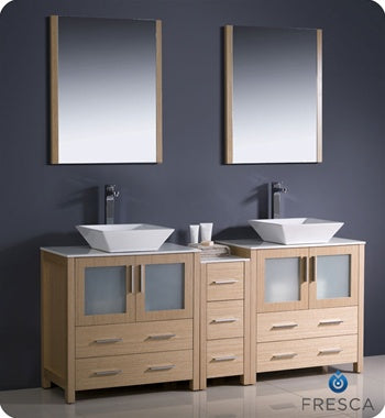 Fresca Torino 72" Light Oak Modern Double Sink Bathroom Vanity w/ Side Cabinet & Vessel Sinks