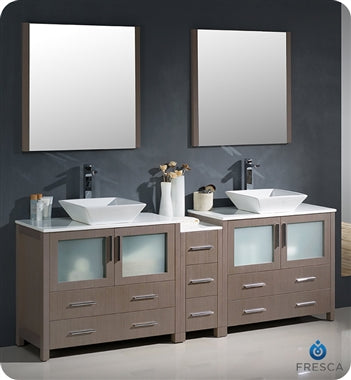 Fresca Torino 84" Gray Oak Modern Double Sink Bathroom Vanity w/ Side Cabinet & Vessel Sinks
