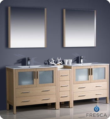 Fresca Torino 84" Light Oak Modern Double Sink Bathroom Vanity w/ Side Cabinet & Integrated Sinks