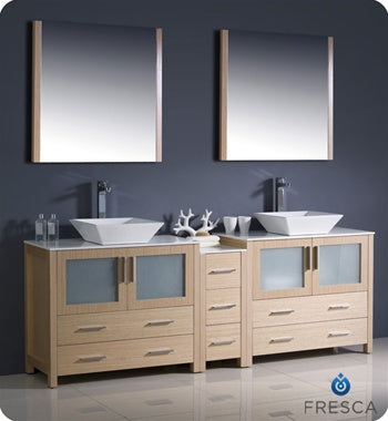 Fresca Torino 84" Light Oak Modern Double Sink Bathroom Vanity w/ Side Cabinet & Vessel Sinks