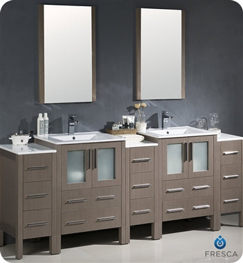 Fresca Torino 84" Gray Oak Modern Double Sink Bathroom Vanity w/ 3 Side Cabinets & Integrated Sinks
