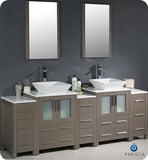 Fresca Torino 84" Gray Oak Modern Double Sink Bathroom Vanity w/ 3 Side Cabinets & Vessel Sinks