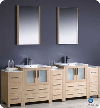 Fresca Torino 84" Light Oak Modern Double Sink Bathroom Vanity w/ 3 Side Cabinets & Integrated Sinks