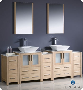 Fresca Torino 84" Light Oak Modern Double Sink Bathroom Vanity w/ 3 Side Cabinets & Vessel Sinks