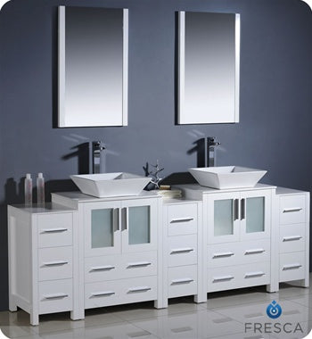 Fresca Torino 84" White Modern Double Sink Bathroom Vanity w/ 3 Side Cabinets & Vessel Sinks