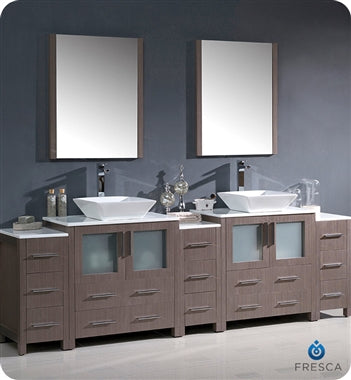 Fresca Torino 96" Gray Oak Modern Double Sink Bathroom Vanity w/ 3 Side Cabinets & Vessel Sinks