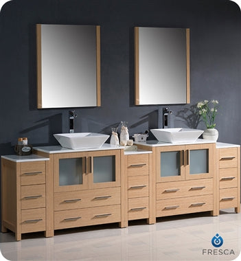 Fresca Torino 96" Light Oak Modern Double Sink Bathroom Vanity w/ 3 Side Cabinets & Vessel Sinks