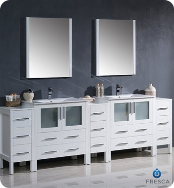 Fresca Torino 96" White Modern Double Sink Bathroom Vanity w/ 3 Side Cabinets & Integrated Sinks