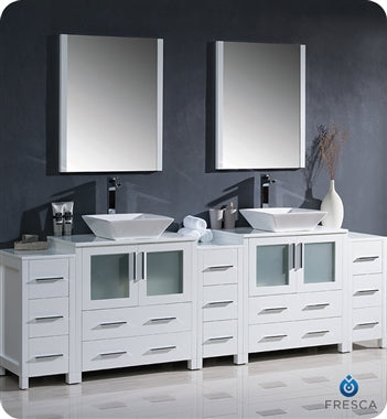Fresca Torino 96" White Modern Double Sink Bathroom Vanity w/ 3 Side Cabinets & Vessel Sinks