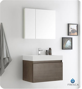 Fresca Mezzo 30" Gray Oak Wall Hung Modern Bathroom Vanity w/ Medicine Cabinet