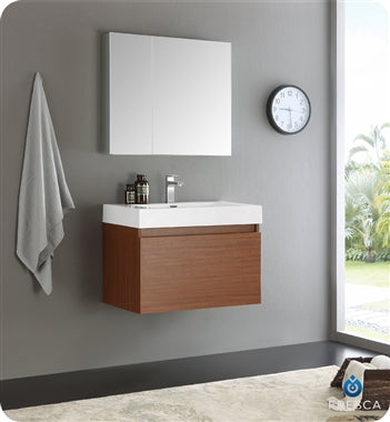Fresca Mezzo 30" Teak Wall Hung Modern Bathroom Vanity w/ Medicine Cabinet