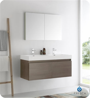 Fresca Mezzo 48" Gray Oak Wall Hung Double Sink Modern Bathroom Vanity w/ Medicine Cabinet