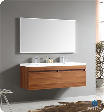 Fresca Largo 57" Teak Modern Bathroom Vanity w/ Wavy Double Sinks