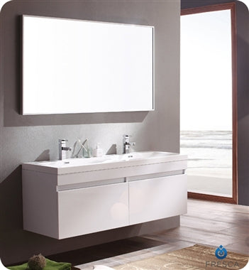 Fresca Largo 57" White Modern Bathroom Vanity w/ Wavy Double Sinks
