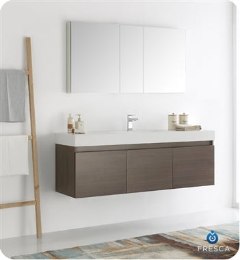 Fresca Mezzo 60" Gray Oak Wall Hung Single Sink Modern Bathroom Vanity w/ Medicine Cabinet
