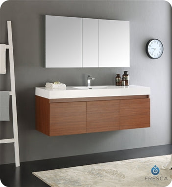 Fresca Mezzo 60" Teak Wall Hung Single Sink Modern Bathroom Vanity w/ Medicine Cabinet