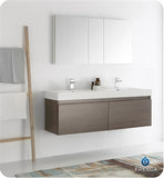 Fresca Mezzo 60" Gray Oak Wall Hung Double Sink Modern Bathroom Vanity w/ Medicine Cabinet