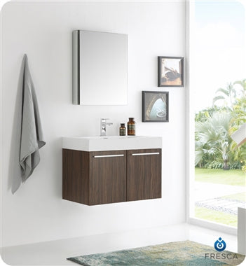 Fresca Vista 30" Walnut Wall Hung Modern Bathroom Vanity w/ Medicine Cabinet