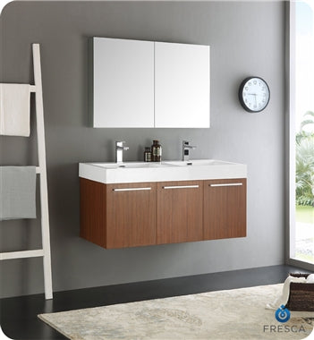 Fresca Vista 48" Teak Wall Hung Double Sink Modern Bathroom Vanity w/ Medicine Cabinet