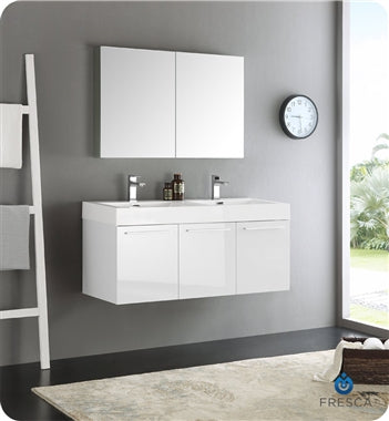 Fresca Vista 48" White Wall Hung Double Sink Modern Bathroom Vanity w/ Medicine Cabinet