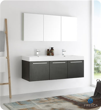 Fresca Vista 60" Black Wall Hung Double Sink Modern Bathroom Vanity w/ Medicine Cabinet