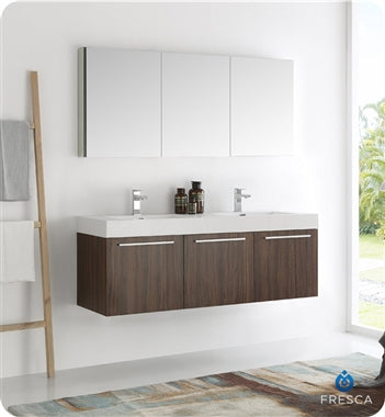 Fresca Vista 60" Walnut Wall Hung Double Sink Modern Bathroom Vanity w/ Medicine Cabinet