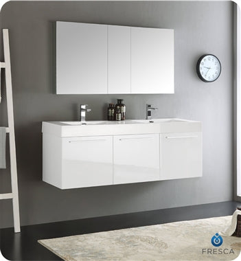 Fresca Vista 60" White Wall Hung Double Sink Modern Bathroom Vanity w/ Medicine Cabinet