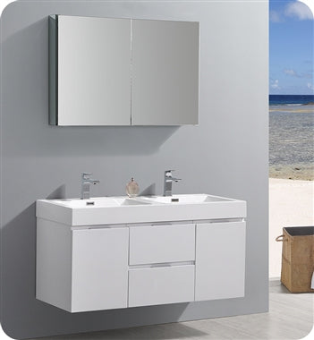 Fresca Valencia 48" Glossy White Wall Hung Double Sink Modern Bathroom Vanity w/ Medicine Cabinet