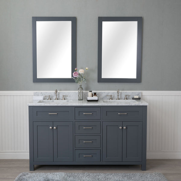 Norwalk 60 in. Double Bathroom Vanity in Gray with Carrera Marble Top and Mirror