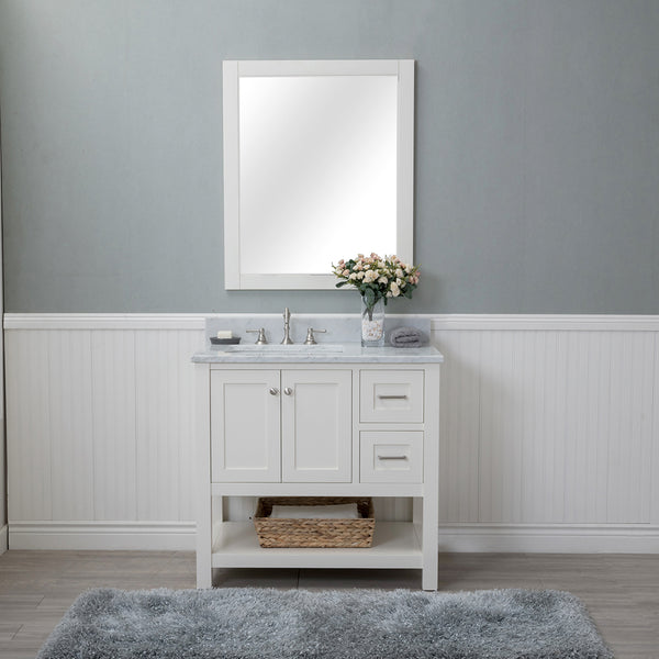 Wilmington 36 in. Single Bathroom Vanity in White with Carrera Marble Top and Mirror