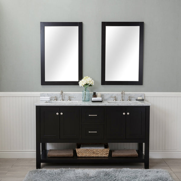 Wilmington 60 in. Double Bathroom Vanity in Espresso with Carrera Marble Top and Mirror