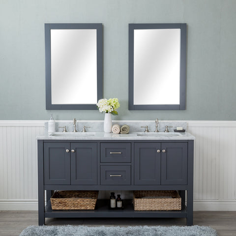Wilmington 60 in. Double Bathroom Vanity in Gray with Carrera Marble Top and No Mirror