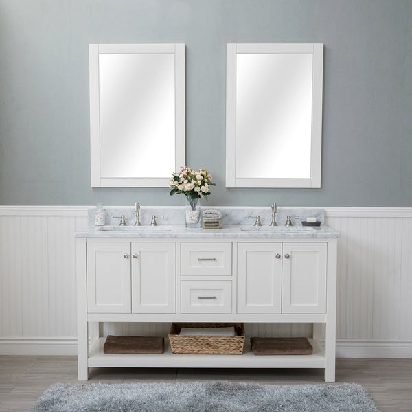 Wilmington 60 in. Double Bathroom Vanity in White with Carrera Marble Top and No Mirror