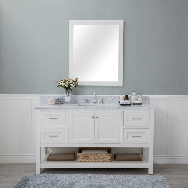 Wilmington 60 in. Single Bathroom Vanity in White with Carrera Marble Top and Mirror