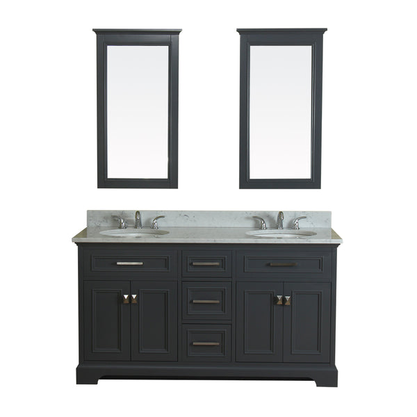 Yorkshire 61 in Double Bathroom Vanity in Gray with Carrera Marble Top and No Mirror