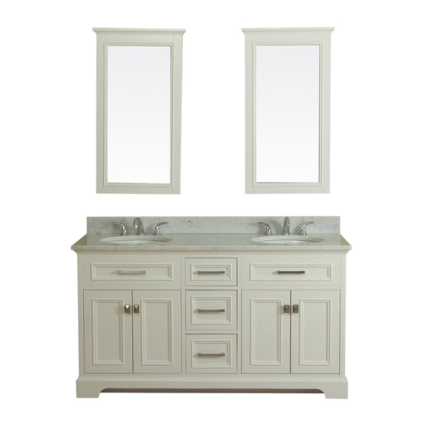 Yorkshire 61 in Double Bathroom Vanity in White with Carrera Marble Top and No Mirror