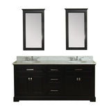 Yorkshire 73 in Double Bathroom Vanity in Espresso with Carrera Marble Top and Mirror