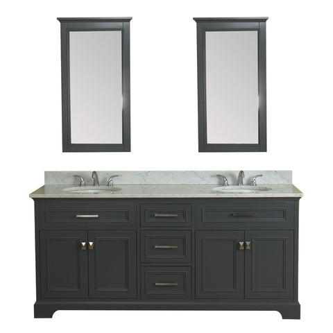 Yorkshire 73 in Double Bathroom Vanity in Gray with Carrera Marble Top and Mirror