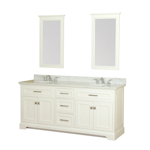Yorkshire 73 in Double Bathroom Vanity in White with Carrera Marble Top and Mirror