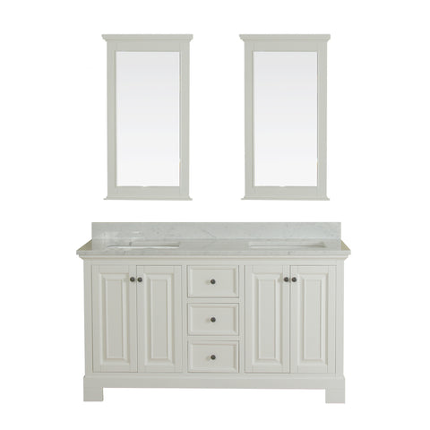 Richmond 60 in Double Bathroom Vanity in White with Carrera Marble Top and Mirror